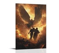 Two Angels Lift A Wounded Soldier from A Battlefield, Their Wings Casting Shields of Light Against The Burning Skies. Contemporary Wall Mural - Decorative Hanging Poster Art 16x24inch(40x60cm)