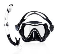 Two Bare Feet Dry Top Snorkel and Silicone Mask Set - Anti-Fog Wide View Tempered Glass Lens with Adjustable Silicone Straps - Leak-Proof Snorkelling Gear for Adults & Teens, Swimming & Diving