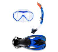 Two Bare Feet Junior Anti-Fog, Wide View Silicone Mask, Snorkel & Fins 3PC Kids Diving Set (Blue, S/M C9-C13)