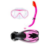 Two Bare Feet Junior SILICONE Mask, DRY TOP Snorkel & Fins 3PC Kids Diving Set (Pink, L/XL UK1-UK4)