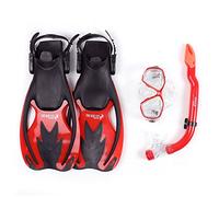 Two Bare Feet Snorkel, Mask and Fins/Flippers PVC Diving Set (Kids) With Anti Fog and Wide View Mask, Anti-Leak, Tempered Glass- Scuba Dive Snorkelling Sets (L-XL UK 1-4, Red)