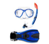 Two Bare Feet Snorkel, Mask and Fins/Flippers PVC Snorkelling Set (Adults) With Anti Fog and Wide View Mask, Anti-Leak, Tempered Glass - Scuba Dive Snorkelling Sets (S/M (UK4.5-8.5), Blue)