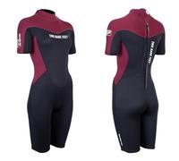 Two Bare Feet Womens Shorty Wetsuit 3/2mm Superstrech Neoprene Summer Ladies Surf Suit, Back Zip - Surfing, Paddleboarding, Open Water & Wild Swimming (SupaFlex 3/2mm Black/Burgundy, L)