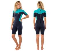 Two Bare Feet Womens Shorty Wetsuit 3/2mm Superstrech Neoprene Summer Ladies Surf Suit, Back Zip - Surfing, Paddleboarding, Open Water & Wild Swimming (XS, Black/Teal)