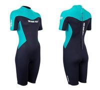 Two Bare Feet Womens Shorty Wetsuit 3/2mm Superstrech Neoprene Summer Ladies Surf Suit, Back Zip - Surfing, Paddleboarding, Open Water & Wild Swimming (SupaFlex 3/2mm Black/Teal, L)