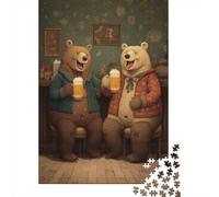 Two Bears Drinking Beer at Bar 1000-Piece Puzzle for Adults, 38x26cm/1000pcs; for An Enjoyable Break at The Table; White Cardboard for Cleaner Sorting