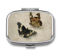 Two Beautiful Butterflies on Raw Linen Canvas Vintage Pill Box 2 Compartment Portable Medicine Pill Case Travel Pill Organizer for Pocket Purse