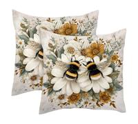 Two Bees White Flowers 2 Pack Square Throw Pillow Covers Decorative Soft Velvet Pillowcase for Couch Sofa Bed Car Living Room, 40x40cm