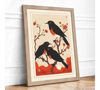Two Birds Among Blossoms Japandi Framed Wall Art Print A1 Oak