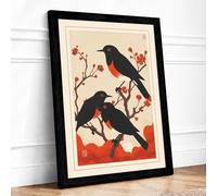 Two Birds Among Blossoms Japandi Framed Wall Art Print A4 (29.7×21cm) Black, Wall Decor for Living Room, Bedroom, Office & Home, Ready to Hang, Art Gift