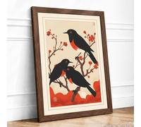 Two Birds Among Blossoms Japandi Framed Wall Art Print A4 (29.7×21cm) Walnut, Wall Decor for Living Room, Bedroom, Office & Home, Ready to Hang, Art Gift