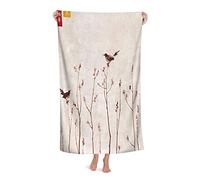 Two Birds and Young Trees Branches Bath Towels with Fresh Leaves On Vintage Rice Paper Hieroglyphs Eternity Freedom Happiness East Men Women Absorbent Quick Dry Oversized Bath Towel for Pool