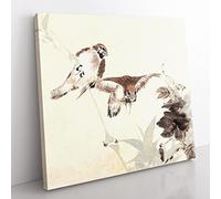 Two Birds by Ren Yi Asian Japanese Canvas Wall Art Print Ready to Hang, Framed Picture for Living Room Bedroom Home Office Décor, 50x50 cm (20x20 Inch)