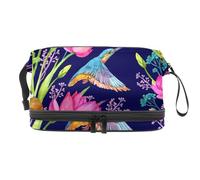 Two Birds in Flowers Double Layer Cosmetic Bag for Women and Girls, Travel Toiletry Bag Makeup Handy Pouch Organiser Bag with Brush Compartment
