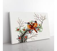 Two Birds On A Flowering Tree Asian Japanese Canvas Wall Art Print Ready to Hang, Framed Picture for Living Room Bedroom Home Office Décor, 76x50 cm (30x20 Inch)