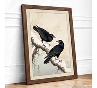 Two Birds on Branch Japandi Framed Wall Art Print A4 (29.7×21cm) Walnut, Wall Decor for Living Room, Bedroom, Office & Home, Ready to Hang, Art Gift