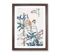 Two Birds Upon A Rose Bush By Ren Yi Asian Japanese Framed Print | A2 Walnut Framed Wall Art | Ready to Hang | Asian Floral Picture | Living Room Bedroom Lounge Office