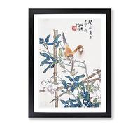Two Birds Upon A Rose Bush By Ren Yi Asian Japanese Framed Wall Art Print, Ready to Hang Picture for Living Room Bedroom Home Office Décor, Black A4 (34 x 25 cm)