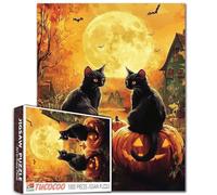 Two Black Cats Sitting On Pumpkins 1000 Piece Jigsaw Puzzle for Adults Students Halloween Autumn Scenery Moon Fantasy Art 20×27 Inches Spooky Fall Puzzles for Home Decor Gift for Friends Family