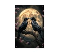Two Black Crows on Branches metal tin sign Mystical Night Scene Gothic Wildlife Art aluminum poster Living room office yard wall art tinplate 8x6 inch Easy-to-hang plaque