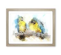 Two Blue & Yellow Macaw Parrots In Abstract Modern Art Framed Print | A3 Oak Framed Wall Art | Ready to Hang | Abstract Animal Picture | Living Room Bedroom Lounge Office