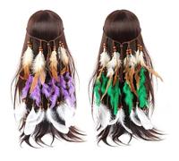 Two Bohemian Feather Headbands, Feather Headpieces Set, Headdress With Imitation Fiber Style, Green And, Great For Halloween And Presenting