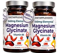 Two Bottles High Strength Magnesium Glycinate 1800mg - 540mg Elemental Magnesium - with Vitamin B6 - 90 Vegan Capsules - 3-Month Supply for Nervous System, Tiredness & Muscle Function