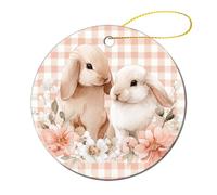Two Bunnies And Pink White Flowers Christmas Tree Hanging Ornaments,2 Pieces, 7.2CM Round Double-Sided