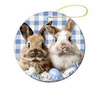 Two Bunnies Flower Easter Egg Blue White Checker Christmas Tree Hanging Ornaments,2 Pieces, 7.2CM Round Double-Sided
