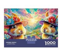 Two Bunnies in Floral Hats 1000-Piece Jigsaw Puzzle Cute Rabbit Ideal for Birthday 52x38cm/1000pcs
