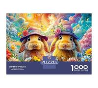 Two Bunnies in Hats in Flowers 1000 Piece Jigsaw Puzzle Cute Rabbit Recycled Cardboard, Great Gift for All Ages 70x50cm/1000pcs