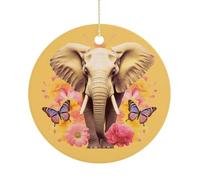 Two Butterflies and Elephant Double-Sided Ceramic Christmas Ornaments - Round Hanging Mini Xmas Tree Decorations, Ideas for Farmers, Rustic Home Decor for Indoor Outdoor Tree Decor