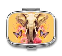Two Butterflies and Elephant Pill Box - 2 Compartment Travel Pill Organizer with Small Mirror, Portable Pillcase for Pocket & Purse, Cute Square Medicine Case, Weekly Medicine Container