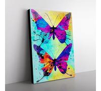 Two Butterflies Painted No.1 Abstract Teal, Yellow, Purple Canvas Wall Art Print Ready to Hang, Framed Picture for Living Room Bedroom Home Office Décor, 76x50 cm (30x20 Inch)