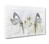 Two Butterflies Upon Yellow Flowers Sketch Canvas Print | Gallery Wrapped 30mm Frame Wall Art | 20x14 inches | Ready to Hang | Modern Floral Picture | Living Room Bedroom Lounge Office