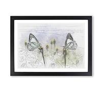Two Butterflies Upon Yellow Flowers Sketch Framed Print | A2 Black Framed Wall Art | Ready to Hang | Modern Floral Picture | Living Room Bedroom Lounge Office