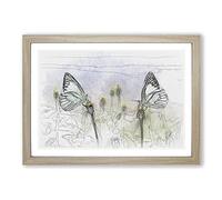 Two Butterflies Upon Yellow Flowers Sketch Framed Print | A2 Oak Framed Wall Art | Ready to Hang | Modern Floral Picture | Living Room Bedroom Lounge Office