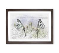 Two Butterflies Upon Yellow Flowers Sketch Framed Print | A2 Walnut Framed Wall Art | Ready to Hang | Modern Floral Picture | Living Room Bedroom Lounge Office