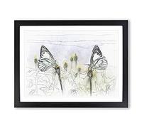 Two Butterflies Upon Yellow Flowers Sketch Modern Art Framed Print | A3 Black Framed Wall Art | Ready to Hang | Modern Floral Picture | Living Room Bedroom Lounge Office