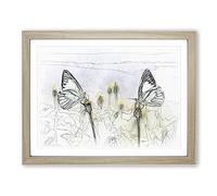 Two Butterflies Upon Yellow Flowers Sketch Modern Art Framed Print | A3 Oak Framed Wall Art | Ready to Hang | Modern Floral Picture | Living Room Bedroom Lounge Office