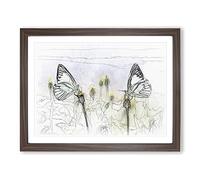 Two Butterflies Upon Yellow Flowers Sketch Modern Art Framed Wall Art Print, Ready to Hang Picture for Living Room Bedroom Home Office Décor, Walnut A4 (34 x 25 cm)