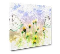 Two Butterflies Upon Yellow Flowers Watercolour Canvas Print | Gallery Wrapped 30mm Frame Wall Art | 14x14 inches | Ready to Hang | Modern Floral Picture | Living Room Bedroom Lounge Office