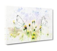 Two Butterflies Upon Yellow Flowers Watercolour Canvas Print | Gallery Wrapped 30mm Frame Wall Art | 24x16 inches | Ready to Hang | Modern Floral Picture | Living Room Bedroom Lounge Office