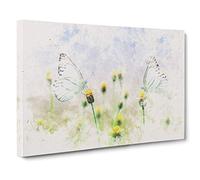 Two Butterflies Upon Yellow Flowers Watercolour Canvas Print | Gallery Wrapped 30mm Frame Wall Art | 30x20 inches | Ready to Hang | Modern Floral Picture | Living Room Bedroom Lounge Office