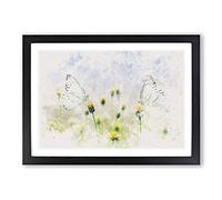 Two Butterflies Upon Yellow Flowers Watercolour Framed Print | A2 Black Framed Wall Art | Ready to Hang | Modern Floral Picture | Living Room Bedroom Lounge Office