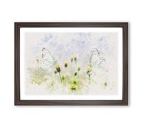 Two Butterflies Upon Yellow Flowers Watercolour Framed Print | A2 Walnut Framed Wall Art | Ready to Hang | Modern Floral Picture | Living Room Bedroom Lounge Office