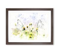 Two Butterflies Upon Yellow Flowers Watercolour Modern Framed Wall Art Print, Ready to Hang Picture for Living Room Bedroom Home Office Décor, Walnut A3 (46 x 34 cm)