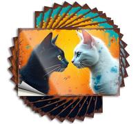 Two Cats Facing Each Other On A Vibrant Orange Background Decorations for Patio Half - Decals Wall Waterproof Decal(8X12CM)