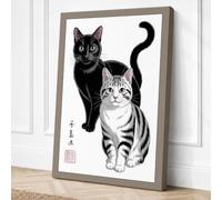 Two Cats in Ink Japandi Canvas Wall Art Print 30x20 Inch