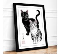 Two Cats in Ink Japandi Framed Wall Art Print A3 (42×29.7cm) Black, Wall